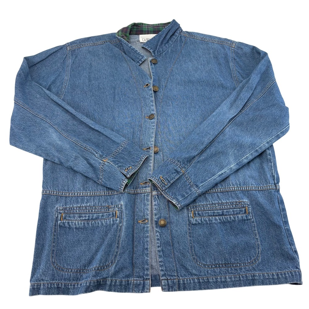 Casey & Max Vintage Blue Denim Chore Jacket Plaid Lined Stand Collar Small
